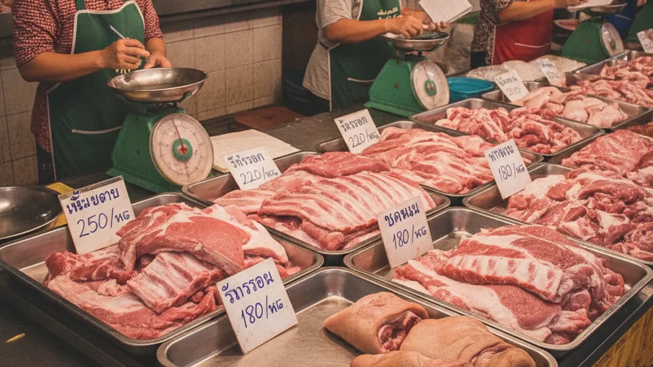 ตลาดไท ราคาหมูวันนี้ แผงหมูสดและพ่อค้าแม่ค้ากำลังคัดเลือกสินค้า
