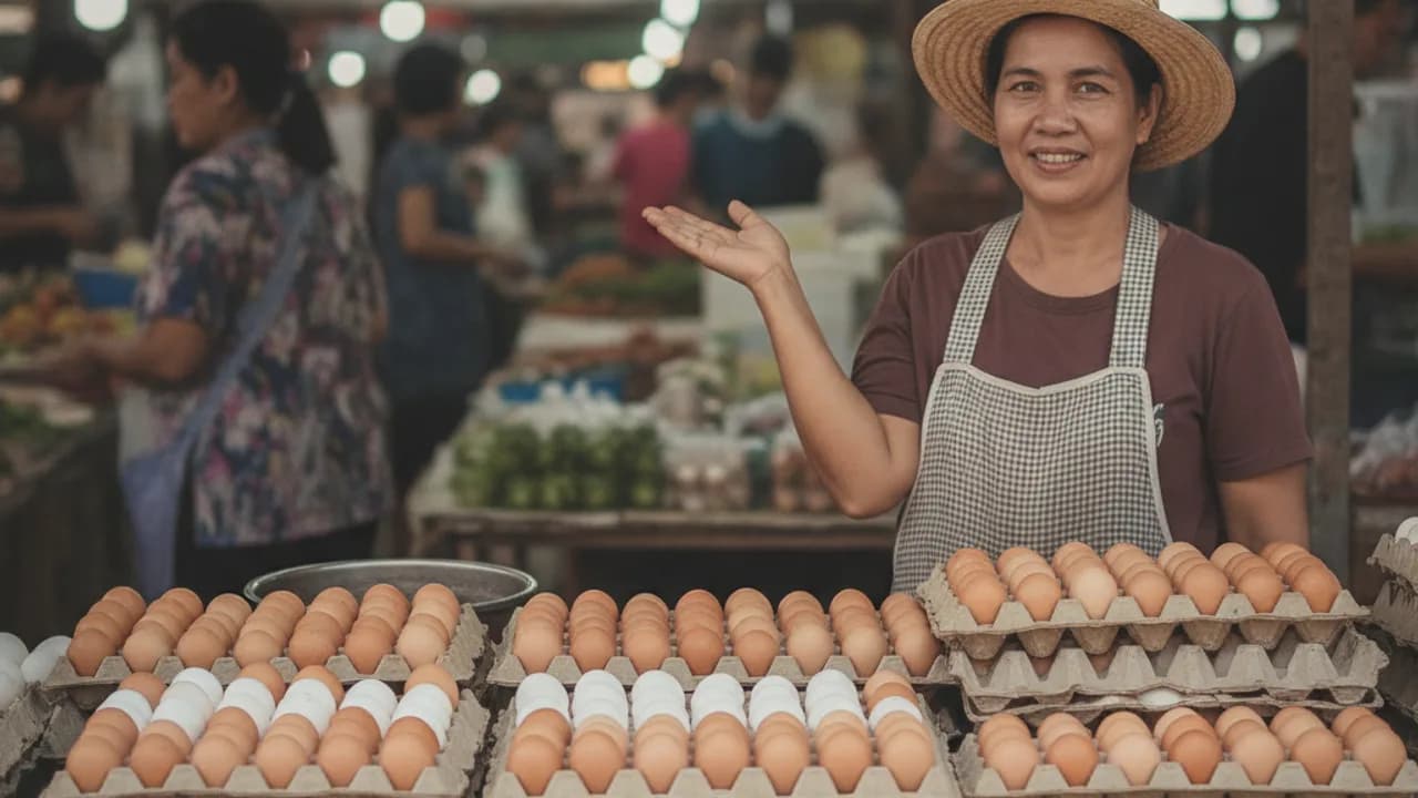 ตลาดไท ราคาไข่แผงละเท่าไหร่ ร้านอาหารควรคำนวณยังไง ภาพถ่ายแผงไข่ในตลาดและแม่ครัวจดต้นทุนในครัว