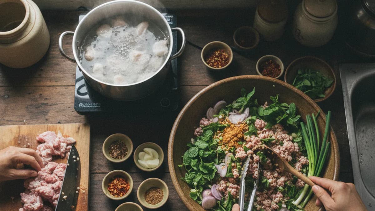 ลาบหมูใช้หมูส่วนไหนและวิธีทำลาบหมูให้นุ่มไม่แห้ง ตั้งแต่สับหมู ลวกหมู ไปจนถึงคลุกเครื่อง