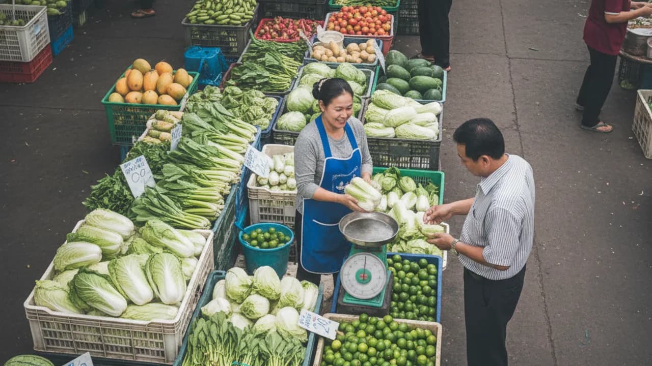 ตลาดไท ราคาวันนี้ ราคาผักตลาดไท ผักใบ ผักกินผล และผักเครื่องปรุงเรียงขายหน้าร้านในตลาดเช้า