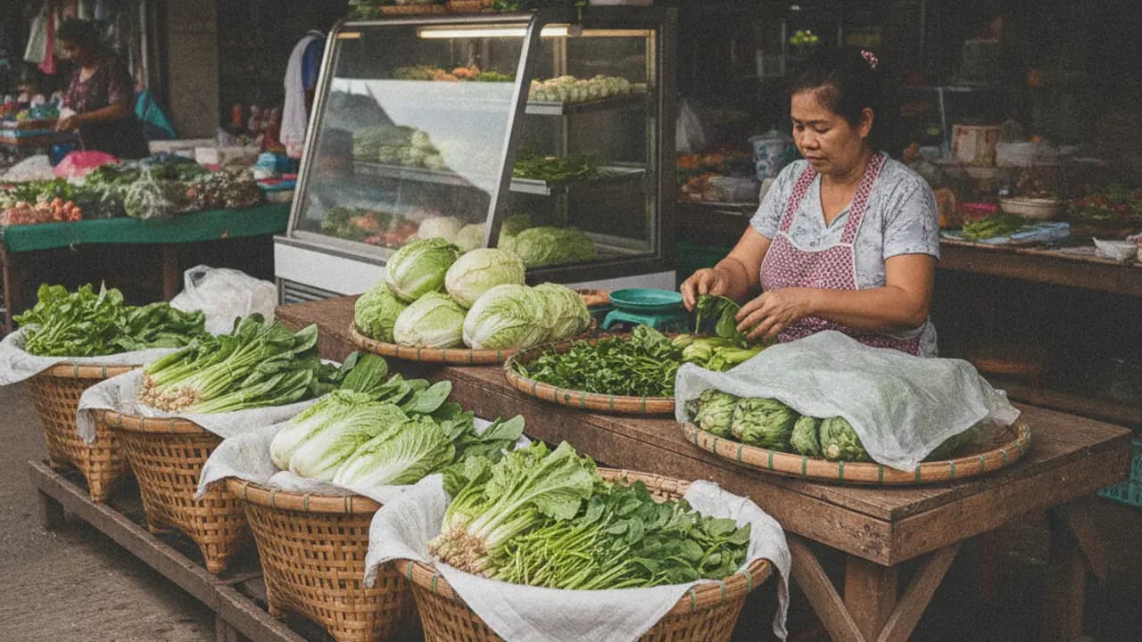 วิธีเก็บผักของแม่ค้าแยกตามชนิดผักกาดขาว กวางตุ้ง ผักกาดหอม ผักโขม และผักกระเฉดในแผงขายผักสด